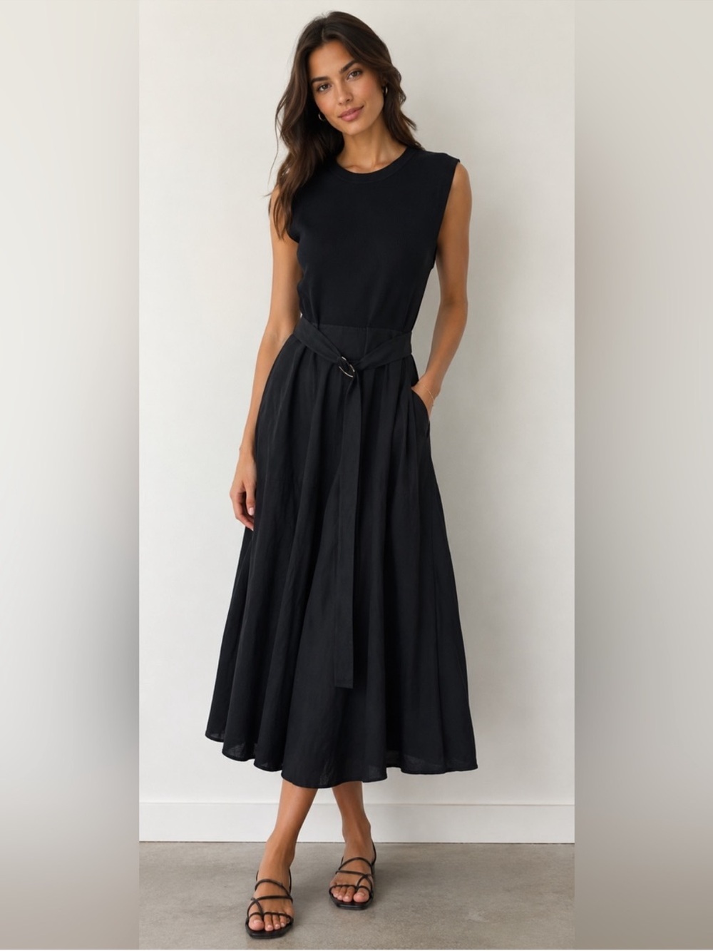 Zara Black Sleeveless Belted Midi Dress